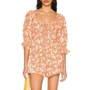 Free People | Show Me Love Romper Floral Puff Sleeve Orange Pink Fairy Linen S